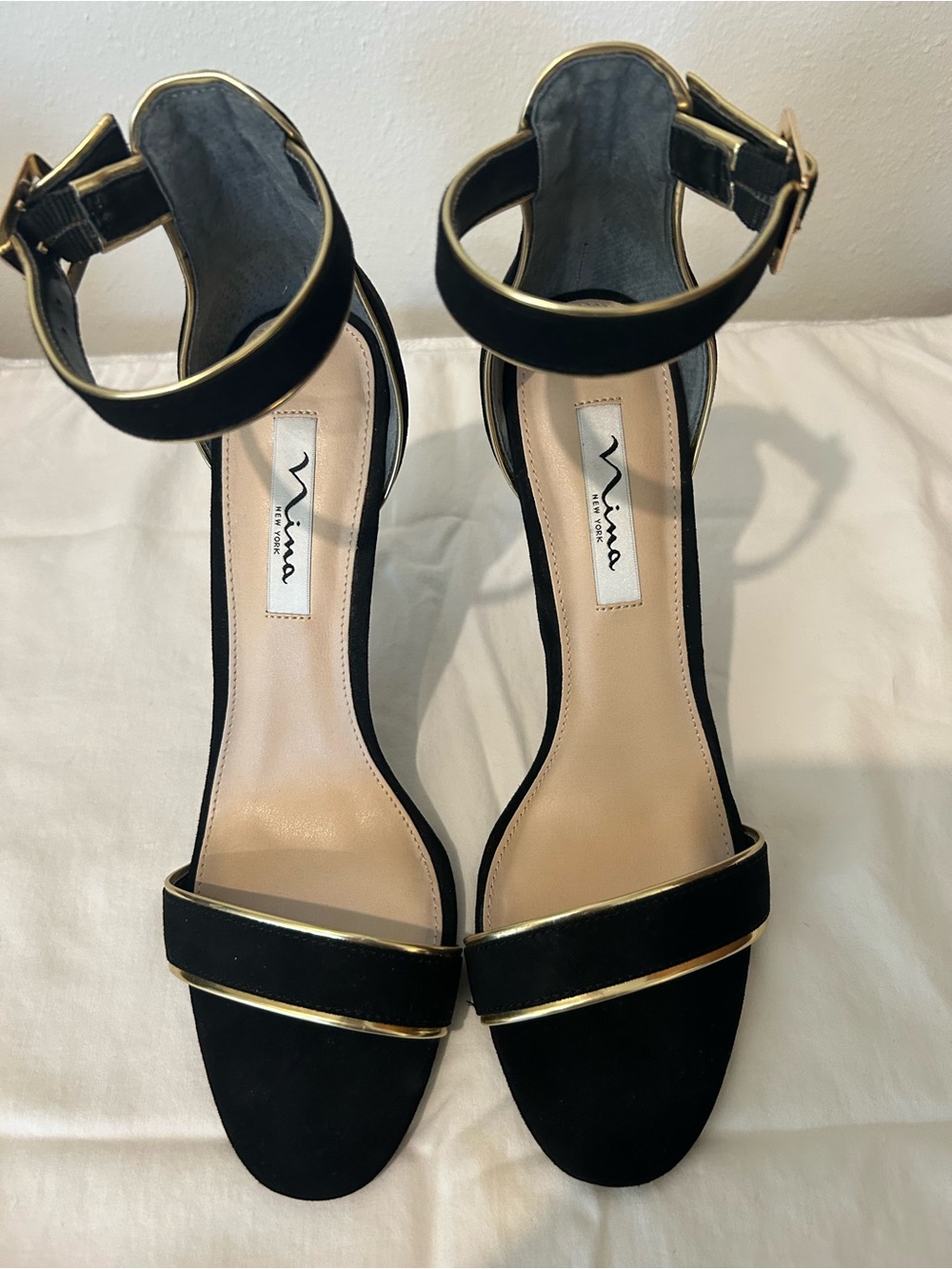 Nina Black Suede Ankle-Strap Heels with Gold Trim NEW IN Box Size 9.5 M